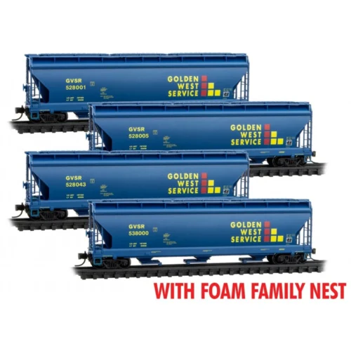 Micro-Trains Line 99300199 - Golden West 3-bay Covered Hopper 4-pack Golden West Service (GVSR) 528001, 528005, 530043, 538000 - N Scale
