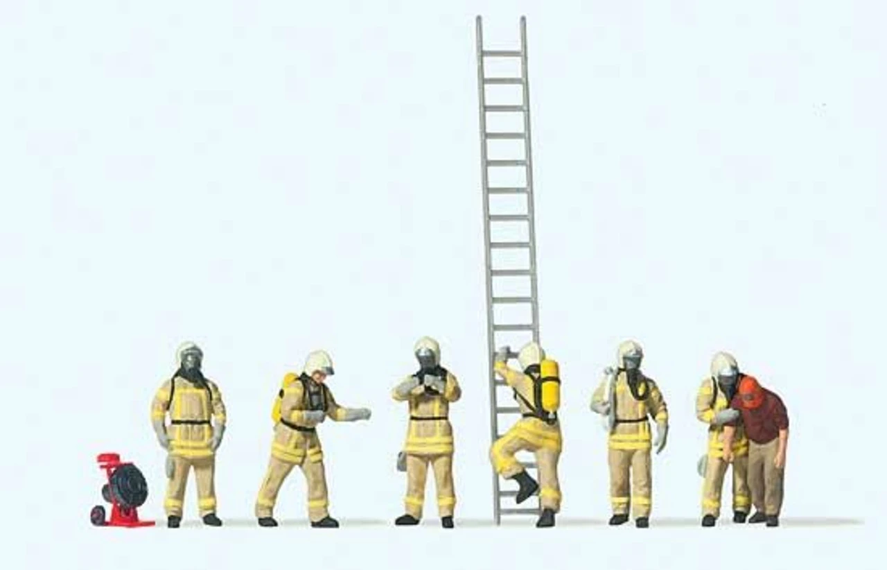 Preiser 10774 - Modern Firefighters With Breathing Apparatus -- 6 Figures In Beige Uniforms, 1 Rescued Man, Accessories - HO Scale 3 Preiser 10774 - Modern Firefighters With Breathing Apparatus -- 6 Figures In Beige Uniforms, 1 Rescued Man, Accessories - HO Scale