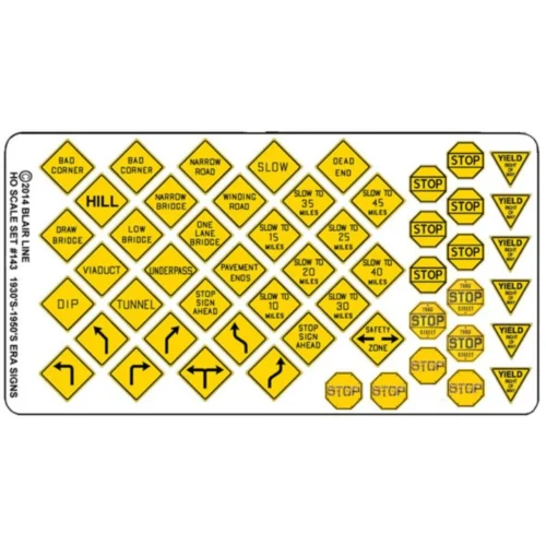 Blair Line 043 - Highway Signs -- Vintage Warning/Stop 1930s-1950s (black, Yellow) - N Scale Kit