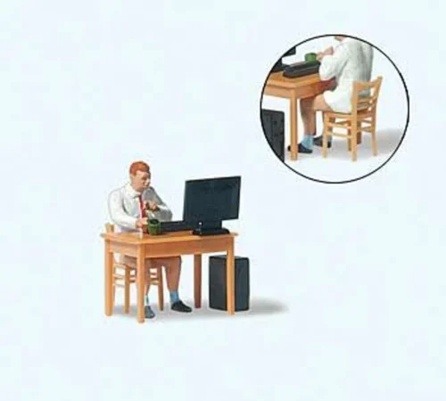 Preiser 28250 - Home Office Individual Figure -- With Chair, Desk And Computer - HO Scale