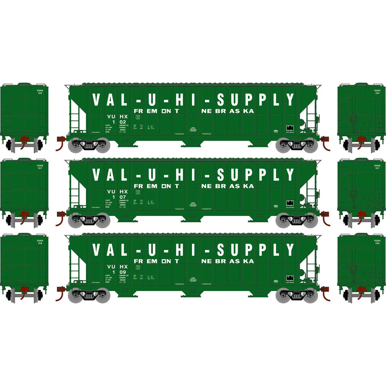 Athearn RTR 81591 - FMC 4700 Covered Hopper VUHX 102, 107, 109 - HO Scale 3 Athearn RTR 81591 - FMC 4700 Covered Hopper VUHX 102, 107, 109 - HO Scale