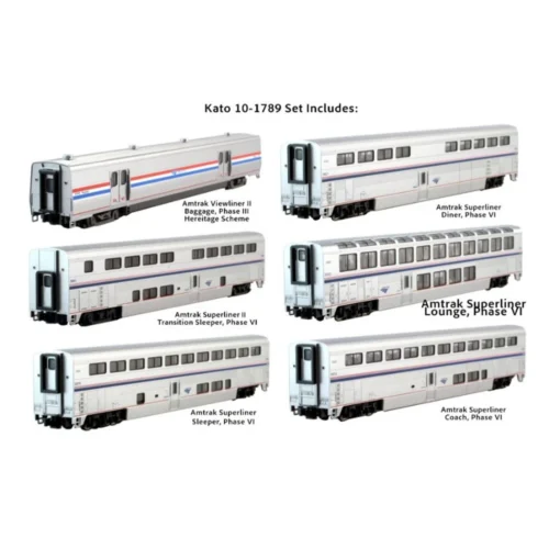 Kato 10-1789-1 - Superliner Phase VI 6 Car Set (Interior Lighting Installed) Amtrak (AMTK) - N Scale