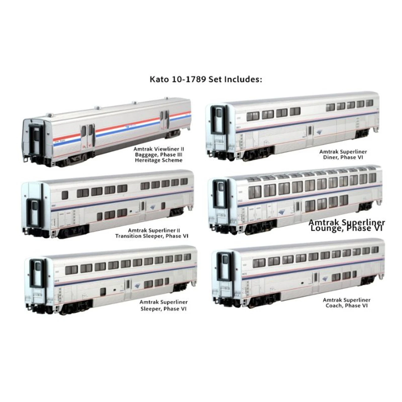 Kato 10-1789-1 - Superliner Phase VI 6 Car Set (Interior Lighting Installed) Amtrak (AMTK) - N Scale 3 Kato 10-1789-1 - Superliner Phase VI 6 Car Set (Interior Lighting Installed) Amtrak (AMTK) - N Scale