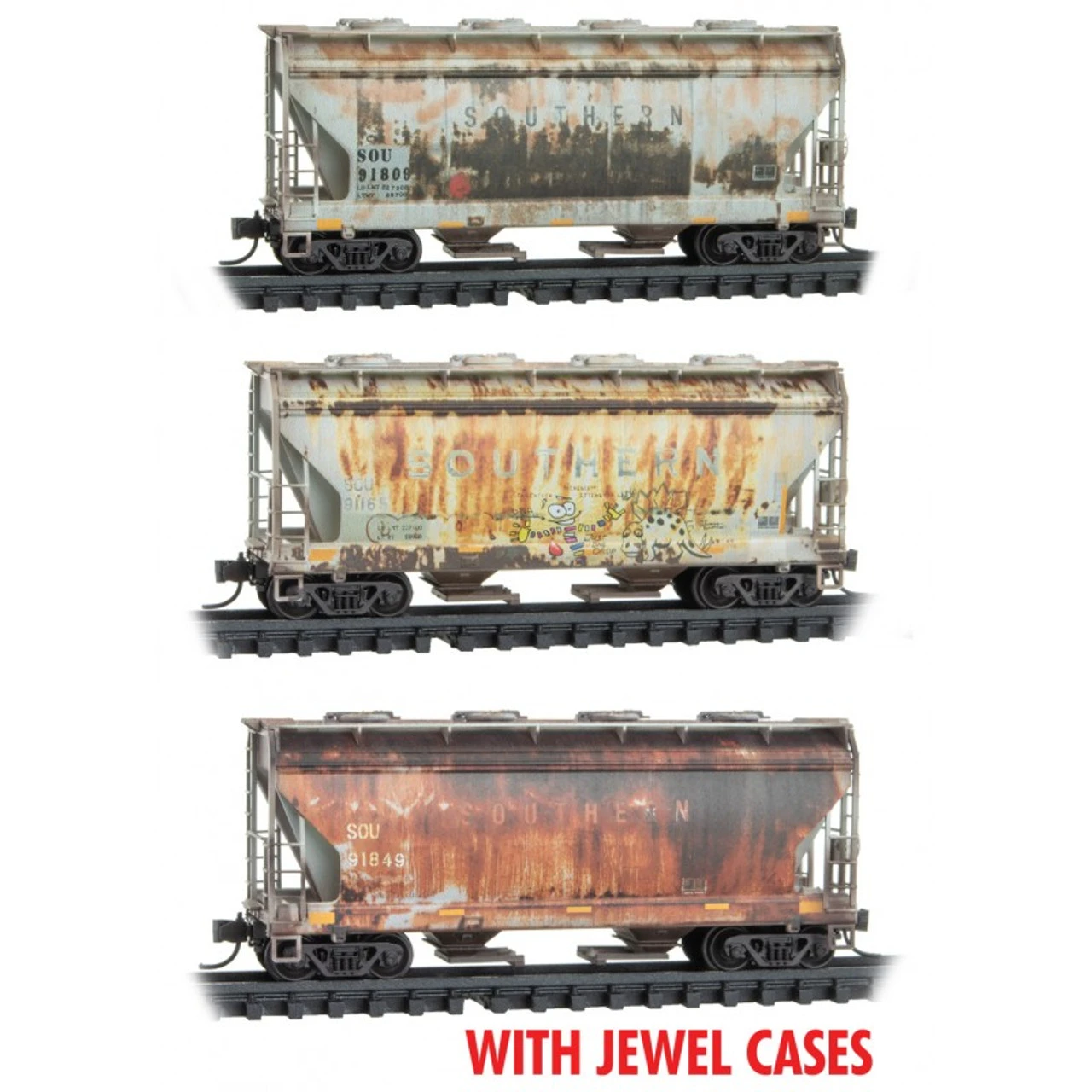Micro-Trains Line 98305037 - 2-Bay Covered Hopper WEATHERED JEWEL 3pk Southern (SOU) 91809, 91165, 91850 - N Scale 3 Micro-Trains Line 98305037 - 2-Bay Covered Hopper WEATHERED JEWEL 3pk Southern (SOU) 91809, 91165, 91850 - N Scale