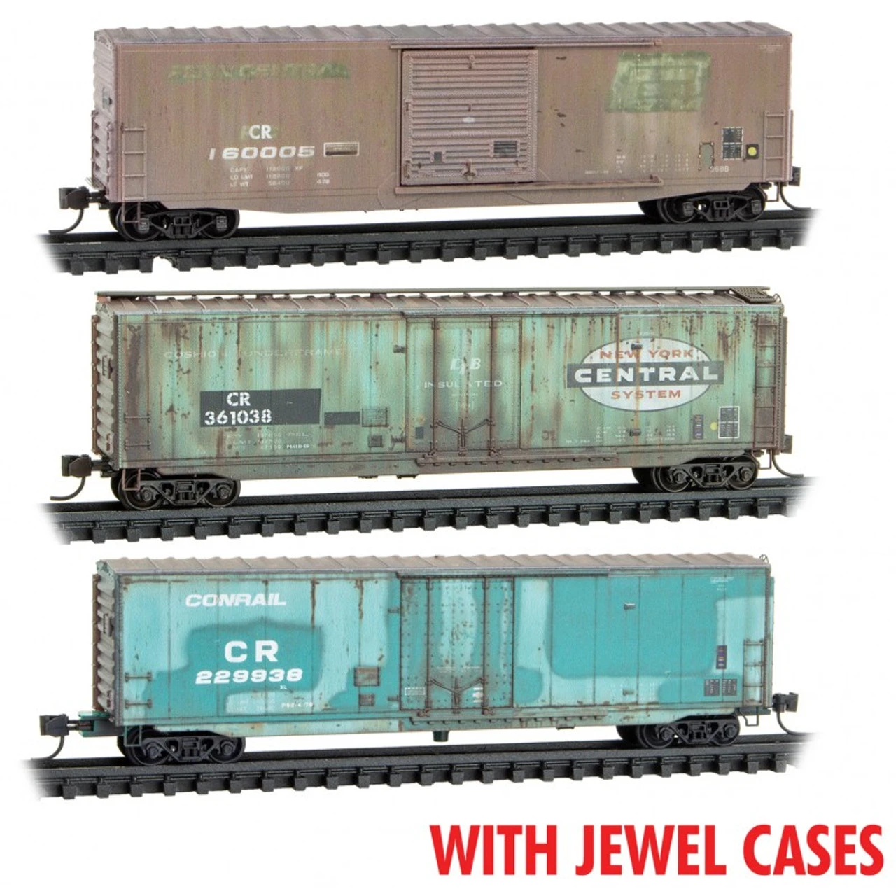 Micro-Trains Line 98305041 - 50' Standard Boxcar WEATHERED JEWEL 3-PACK Conrail (CR) 160005, 361038, 229938 - N Scale 3 Micro-Trains Line 98305041 - 50' Standard Boxcar WEATHERED JEWEL 3-PACK Conrail (CR) 160005, 361038, 229938 - N Scale