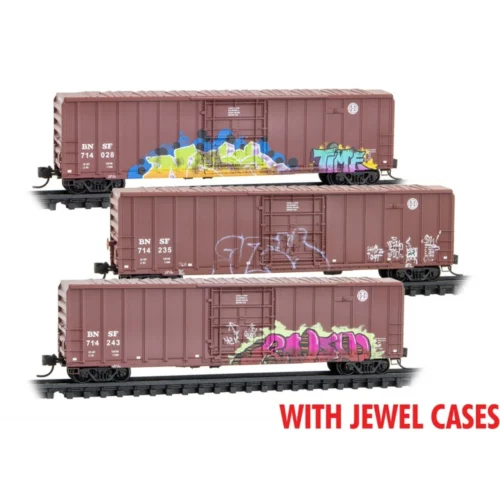 Micro-Trains Line 98305048 - Burlington Northern Santa Fe 50' Plug Door Box Car 3-pack (Weathered, Jewel Cases) BNSF 714028, 714235, 714243 - N Scale