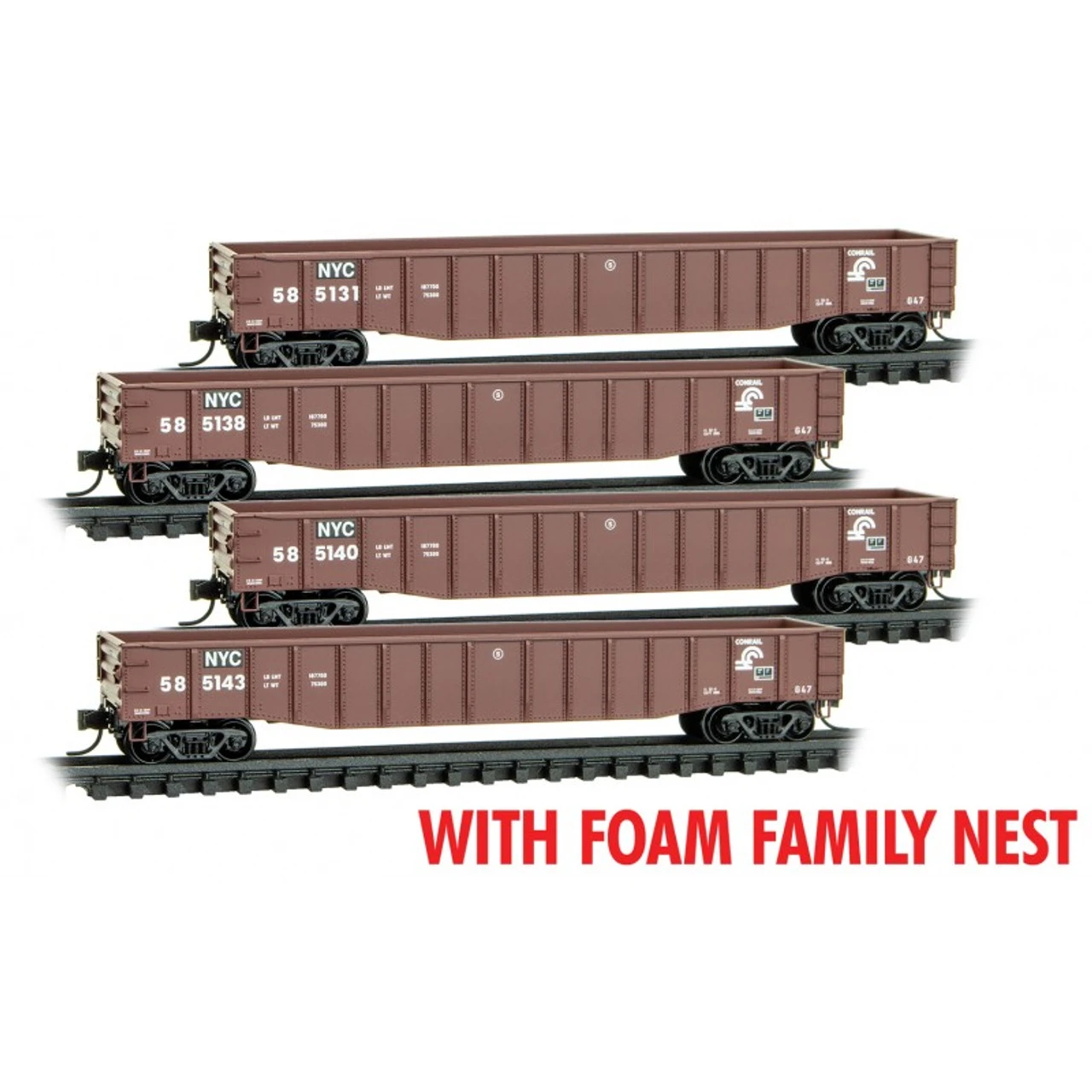 Micro-Trains Line 99300200 - 50' Steel Side Gondola FOAM 4pk New York Central (NYC) 585131, 585138, 585140, 585143 - N Scale 3 Micro-Trains Line 99300200 - 50' Steel Side Gondola FOAM 4pk New York Central (NYC) 585131, 585138, 585140, 585143 - N Scale
