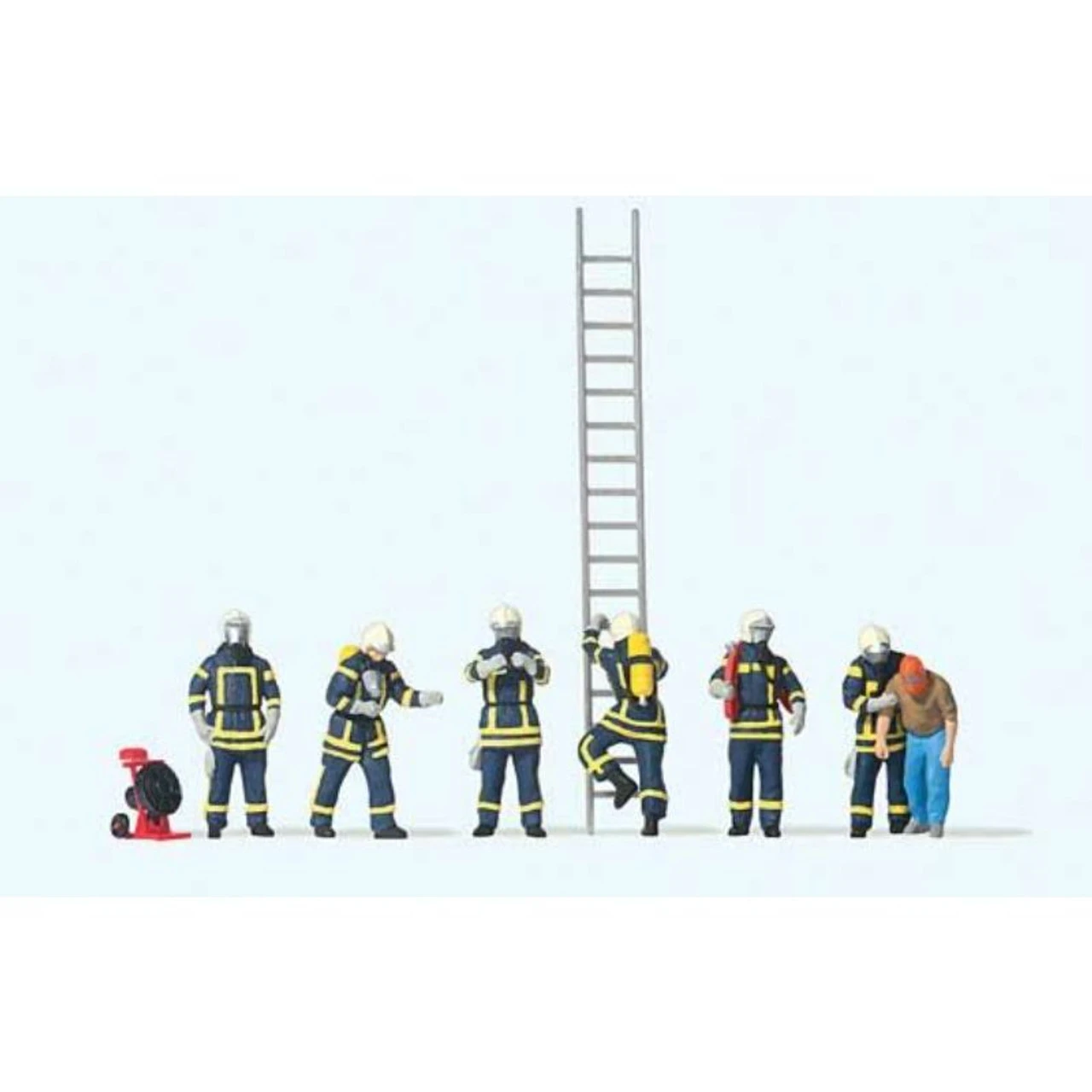 Preiser 10765 - Modern Firefighters With Breathing Apparatus -- 6 Figures In Blue Uniforms, 1 Rescued Man, Accessories - HO Scale 3 Preiser 10765 - Modern Firefighters With Breathing Apparatus -- 6 Figures In Blue Uniforms, 1 Rescued Man, Accessories - HO Scale