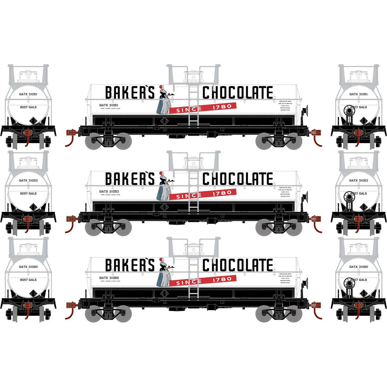 Athearn Roundhouse 72994 - Chemical Tank Car Baker Chocolates (GATX) 31051, 31053, 31060 - HO Scale 3 Athearn Roundhouse 72994 - Chemical Tank Car Baker Chocolates (GATX) 31051, 31053, 31060 - HO Scale